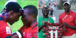 Collage image of Humphrey Kayange (left) and Collins Injera (right) embracing each other during a past tournament and them posing for a photo with the latter's jersey. 
