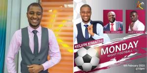Collage image of K24 anchor Kelvin Kimathi posing for a photo (left) and a graphic image of the upcoming sports show (right).