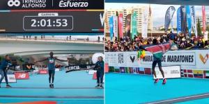 Collage image of Kelvin Kiptum celebrating winning the 2022 Valencia Marathon on December 4, 2022 in Spain.