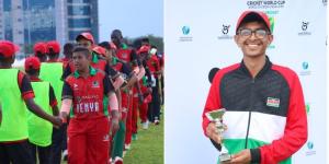 Kenyan cricketers greeting Malawian players (L) and star player Dharsh Panchani posing with his man of the match award (R) on September 30, 2022 in Abuja, Nigeria.