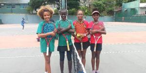 Kenyan tennis players who won a bronze at the 2022 junior African championship in Mozambique pose for a photo in a past training session.