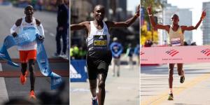 Collage image of Kenyan athletes Eliud Kipchoge (R), Evans Chebet (M) and Benson Kipruto (L).
