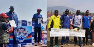 Collage image of Kenyan runners Julius Kariuki and Stephen Kosgei receiving their certificates (left) and posing with other athletes (right) in Nepal on February 18, 2023. 