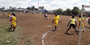 An undated photo of children playing football in Korogocho slum, Nairobi. 