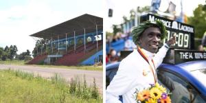 A collage image of Kip Keino stadium in Nandi County (L) and men's world marathon record holder Eliud Kipchoge (R).