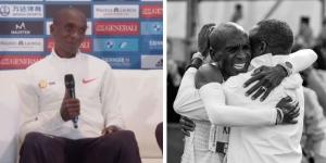 A collage image of Eliud Kipchoge during a post race conference and hugging his coach Patrick Sang in Berlin, Germany on September 25, 2022.