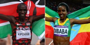 Collage image of Eliud Kipchoge (L), and Tirunesh Dibaba (R).