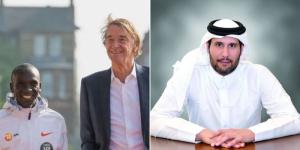Collage image of Kenyan marathoner Eliud Kipchoge posing alongside British billionaire Sir Jim Ratcliffe (left) and Sheikh Jassim of Qatar (right). 