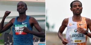 Collage image of Kenyan runner Kelvin Kiptum (left) and Ethiopian legend Kenenisa Bekele (right).
