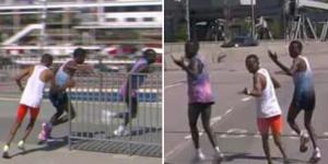 Felix Kirwa together with two other athletes after being misled during the Stockholm marathon