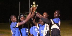 Koyonzo players celebrating lifting the national Rugby 7s title on September 11, 2022 at Nakuru High School.