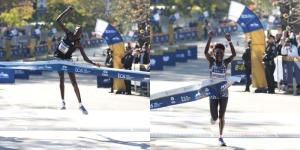 A side-by-side image of 2021 New York City Marathon champions Albert Korir (L) and Peres Jepchirchir (R).