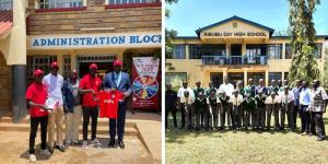 Collage image of officials from the Michael Olunga Football Academy posing with Agoro Sare High School Principal (left) and some of the beneficiaries of the education scholarships at the Kisumu Day Secondary School (right).