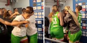 A collage image showing two Malian basketball players fighting and their teammates trying to separate them on September 26, 2022 in Sydney, Australia.