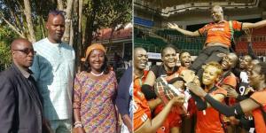 Collage of Malkia Strikers head coach Paul Bitok with National Assembly deputy speaker Gladys Shollei (L) and Bitok being lifted by Malkia Strikers players after a past victory (R).