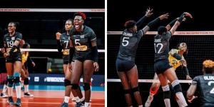 A collage image of Malkia Strikers players in action against Cameroon on September 27, 2022 in Netherlands.
