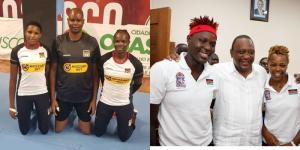 A collage image of Malkia Strikers players with Paul Bitok (L) and President Uhuru Kenyatta (R).