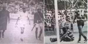 Collage image of Police officers seizing the white dove during the 1975 Mashemeji Derby (left) and players in action during a past edition (right). 