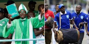 Collage image of a Gor Mahia fan dressed in funny attire  (left) and an AFC Leopard supporter beating a drum (right) during a past Mashemeji Derby match. 