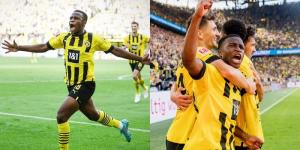 A collage image showing Youssoufa Moukoko celebrating his goal (L) and being congratulated by teammates at Signal Iduna Park on September 17, 2022. 