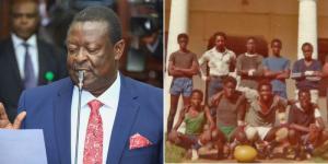Prime CS nominee Musalia Mudavadi speaking during a vetting committee session in Parliament (L) and the politician (third from left standing) posing for a photo with his former teammates after a training session.