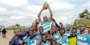 Mogoyuet Secondary School rugby team players celebrate after winning Narok County Secondary School Games rugby sevens title at Narok Boys High School grounds on August 27, 2022.