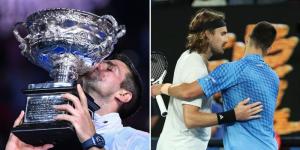 Collage image of Serbian tennis player Novak Djokovic kissing the Australian Open trophy (left) and him embracing Stefanos Tsitsipas (right) at Melbourne Park on January 29, 2023.  