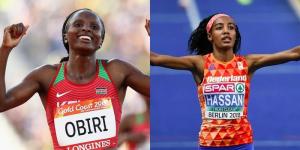 A collage image of Hellen Obiri (L) and Sifan Hassan (R) celebrating their victories in past races.