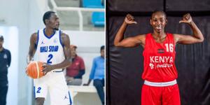 Collage image of Kenya Morans star Ariel Okal in action for his club in Oman (left) and her United States-based sister Felmas Koranga posing for a photo (right). 