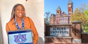 A collage image of Angella Okutoyi University scholarship and a sign board of Auburn University.