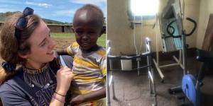Collage image of Camogie player Orla Cronin (L) holding a baby during her visit to Kenya in December 2022, and an image of a physio room (R). 