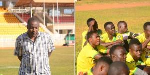 Collage image of new Kakamega Homeboyz head coach Patrick Odhiambo (left) and the club's players keenly listening to him during his official appointment on February 13, 2023 (right).