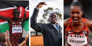 A collage image showing Eliud Kipchoge (L), coach Patrick Sang (M) and Faith Kipyegon Chepngetich (R).