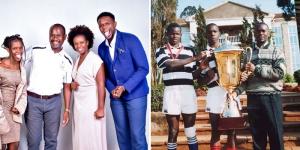 Collage image of FSK Principal Paul Weloba (second from left) posing with his family and him holding a trophy alongside Alliance High School students (right). 