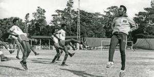 Brazilian legend Pele conducts a training session with students from the Starehe Boys Centre at Jamhuri Park in 1976.