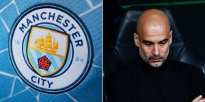 Collage image of the Manchester City logo (left) and the club's manager Pep Guardiola (right).