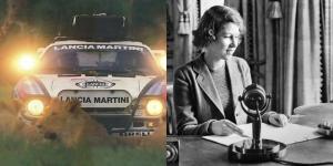 A collage image of a car taking part in a past Safari Rally Championship and the late Queen Elizabeth II in a radio studio in 1940.