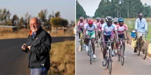 Collage image of Italian athletics coach Gabriele Rosa (left) and cyclists training along the Iten-Eldoret road (right).