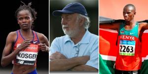 Collage image of Brigid Kosgei (left), Italian coach Gabriele Rosa and the late Sammy Wanjiru. 