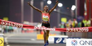 Ruth Chepngetich celebrates winning the marathon race at the 2019 World Athletics Championships on September 28.