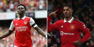 Collage image of Arsenal star Bukayo Saka (left) and Manchester United forward Marcus Rashford (right) celebrating their goals in the past. 