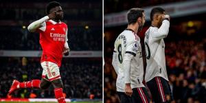 Collage image of Arsenal star Bukayo Saka (left) and Marcus Rashford alongside his Manchester United teammate Bruno Fernandes (right) doing a similar celebration at the Emirates Stadium on January 22, 2023..