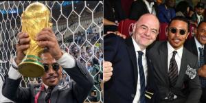 Collage image of Salt Bae lifting the World Cup trophy (L) and him with FIFA President Gianni Infantino (R).