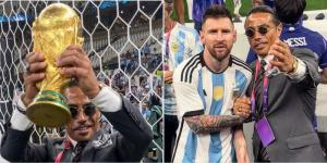 Collage image of Salt Bae holding the FIFA World Cup trophy (L), and him posing for a photo with Argentine forward Lionel Messi (R).
