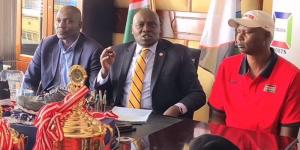 From left to right: KVF vice chairman David Kilundo, Nandi County senator Samson Cherargei and Malkia Strikers head coach Paul Bitok speak during a press conference in Nairobi on November 29, 2022.
