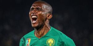 Samuel Eto'o celebrating a goal for Cameroon in a past match.