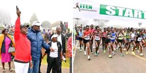 Collage of Nandi County Governor Stephen Sang flagging off the race and athletes in action at the 2022 Iten International Marathon held on Sunday, December 18.