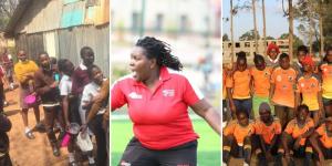 Collage image of school girls lining up for a meal (left), Kenyan youth educator Sarallynne Agola (middle), and young rugby players under her care posing for a photo (right).