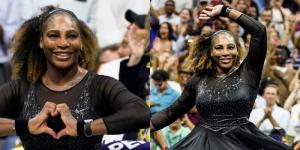 A collage image of Serena Williams appreciating fans at the US Open on August 30, 2022 in New York.