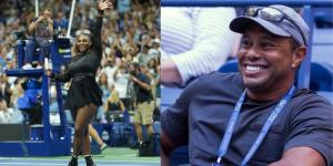 A collage image of Serena Williams (L) and Tiger Woods (R) at Arthur Ashe Stadium, New York during the 2022 US Open tennis tournament. 